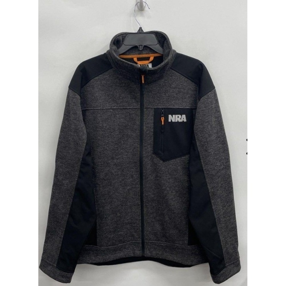 NRA Mens XL Full Zip Fleece Jacket Grey Black Softshell Mixed Media Outdoor